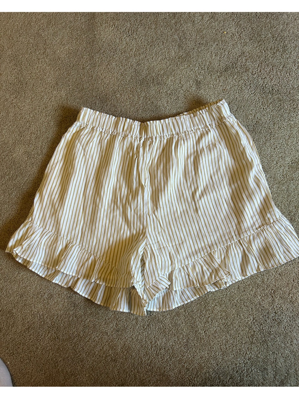 Hem & Thread Cream and Light Tan Striped Ruffle Shorts Never been worn.